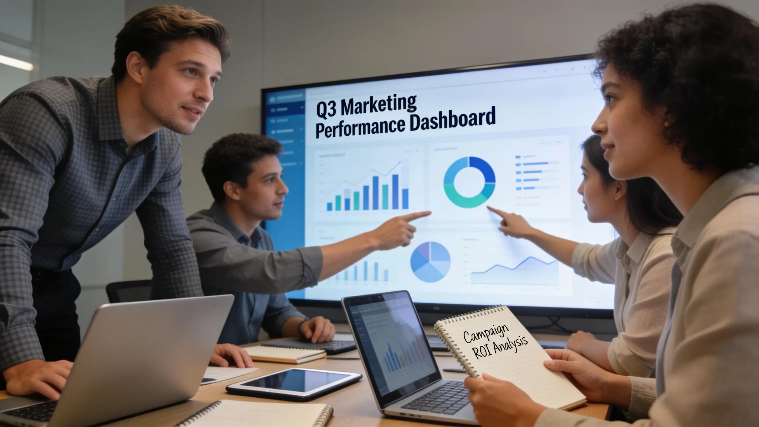 Marketing team analyzing data insights together in a conference room