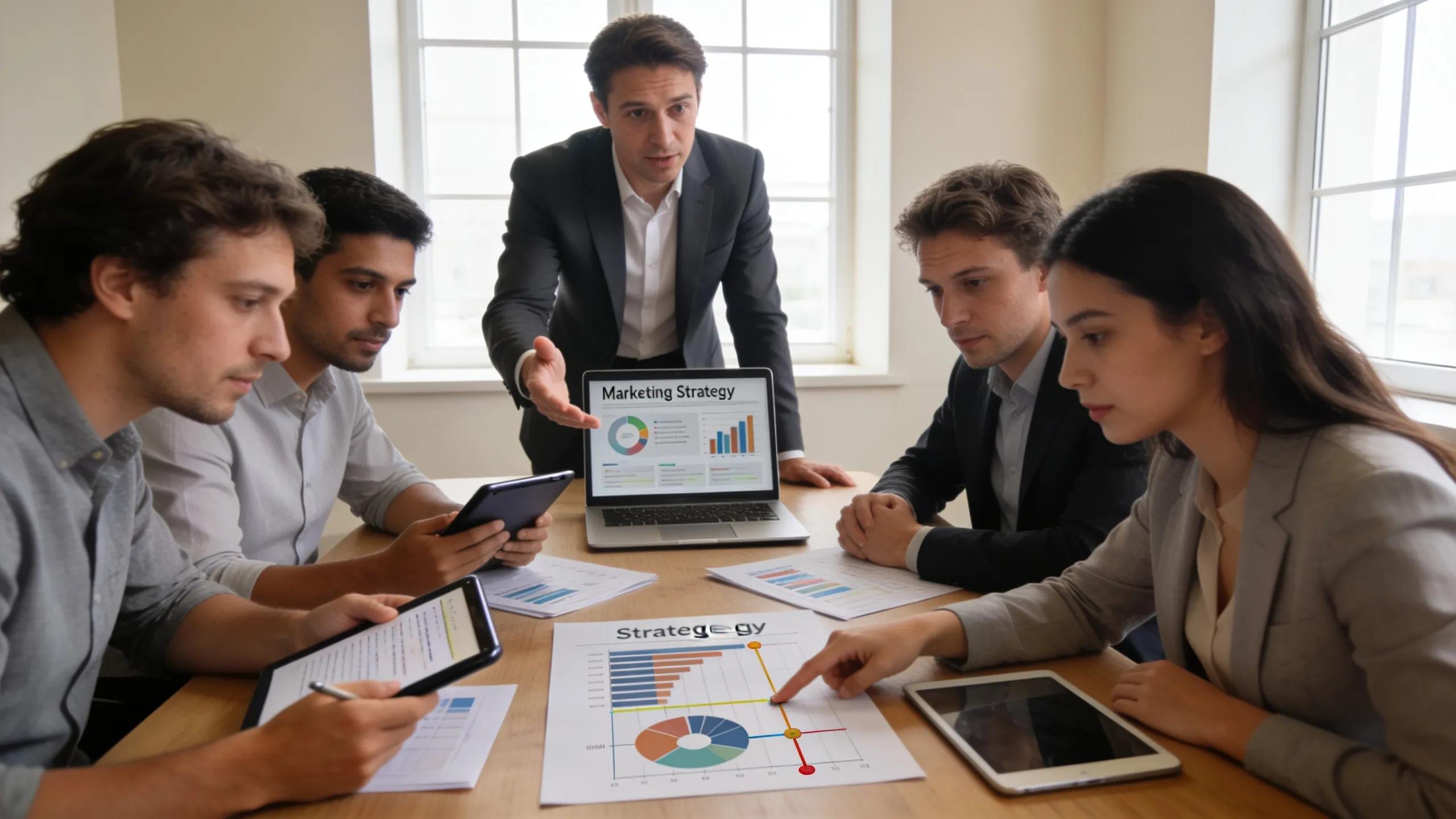 A fractional CMO presenting strategic marketing initiatives to a team in a conference room